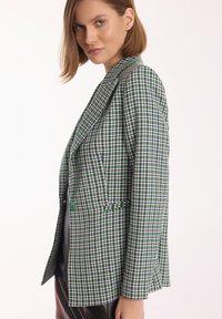 Marynarka w kratę w kolorze zielonym, czarnym i białym; dopasowany krój z klapami, dwoma guzikami i jednym rozcięciem z tyłu.
