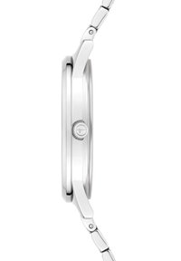 Zilveren metalen polshorloge met een ronde kast, een gladde bezel en een gestructureerde kroon, met een gelinkte metalen armband met een gepolijste afwerking.