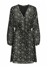 Robe noire avec un décolleté en V et des manches longues, présentant un motif texturé de diamants et de motifs floraux dans des tons gris et crème. Détail de taille nouée.