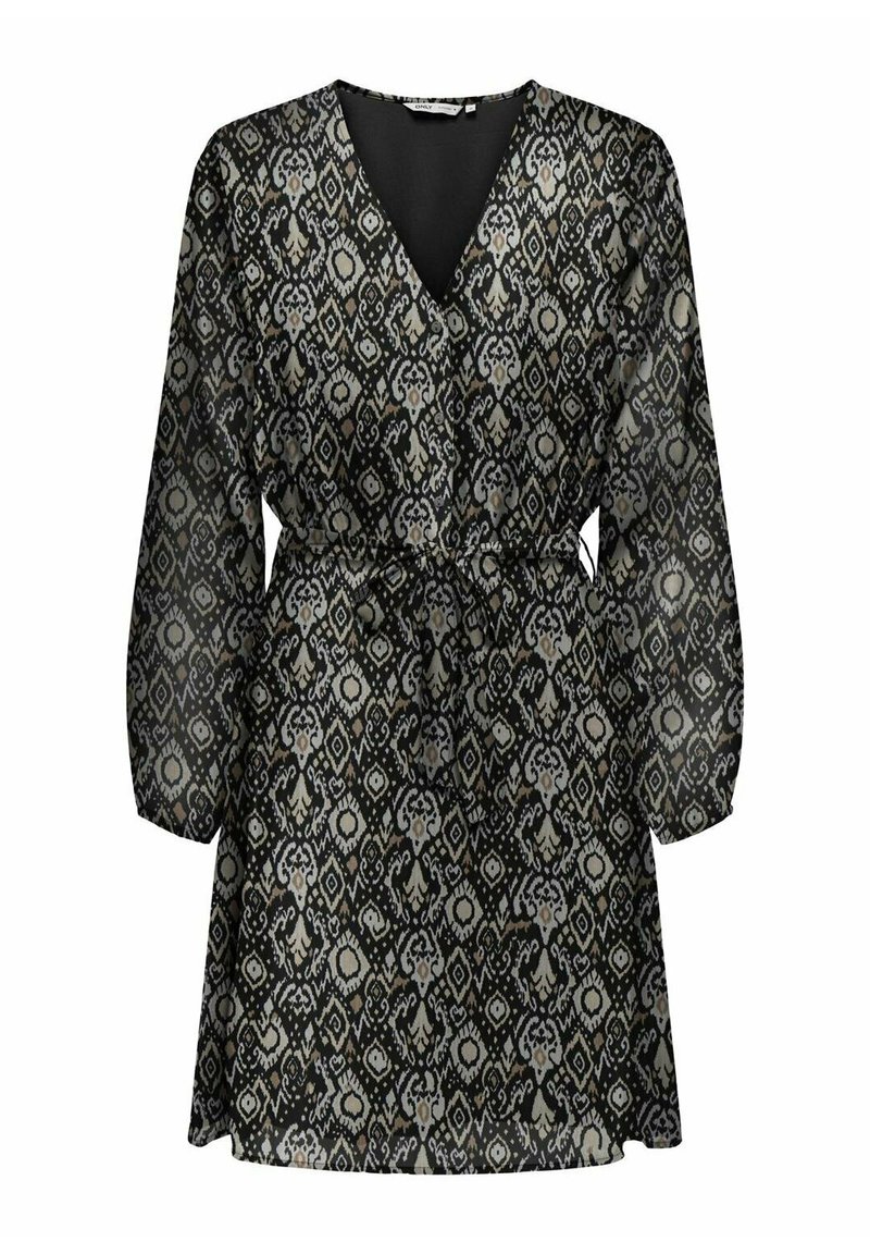 Robe noire avec un décolleté en V et des manches longues, présentant un motif texturé de diamants et de motifs floraux dans des tons gris et crème. Détail de taille nouée.