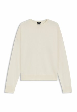 Light cream sweater made of soft knit fabric. Features a crew neckline, drop shoulders, and ribbed cuffs, with a relaxed fit and minimalist design.