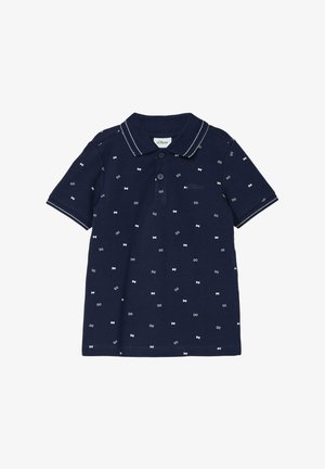 Marineblauw poloshirt met korte mouwen, kleine witte strikjespatronen, knoopsluiting met twee knopen en witte rand aan kraag en mouwboorden.