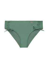 Žalias bikini apatinis trikotažas su lygiu paviršiumi, turintis reguliuojamus šoninius raiščius ir vidutinio aukščio juosmenį. Paprastas dizainas su minimaliais prekės ženklo elementais.