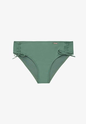 Žalias bikini apatinis trikotažas su lygiu paviršiumi, turintis reguliuojamus šoninius raiščius ir vidutinio aukščio juosmenį. Paprastas dizainas su minimaliais prekės ženklo elementais.