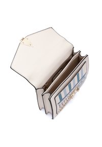 Gestructureerde handtas van crèmekleurig leer met een decoratieve voorkant die blauw en beige strepen heeft. Gouden hardware en twee ruime compartimenten aan de binnenkant.