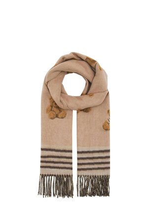 Beige scarf with teddy bear motifs, dark horizontal stripes near fringed ends, arranged in a loose loop on a white background.