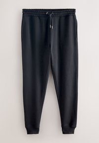 Pantalon de jogging noir avec taille élastique et cordon, poignets côtelés aux chevilles et poches latérales, présenté sur un fond clair.