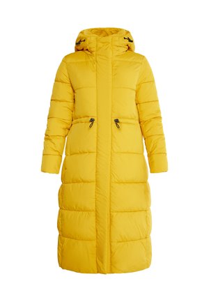 Gul polstret frakke med hætte, der har et langt, lige design, frontlynlås og snørede detaljer i taljen og hætten.