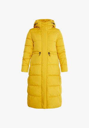 Gul polstret frakke med hætte, der har et langt, lige design, frontlynlås og snørede detaljer i taljen og hætten.