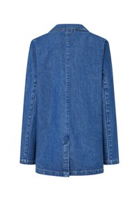 Džínová bunda, středně modrá, dlouhé rukávy, jedna zadní rozpara, klasický límec, rovný střih, viditelné švy, hladká texturie.