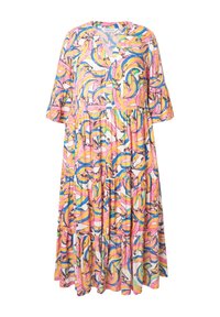 Blumenkleid im Maxi-Stil mit einem lebhaften Bananendruck in Gelb, Pink und Blau, V-Ausschnitt, kurzen Ärmeln und schichtierter Rock.