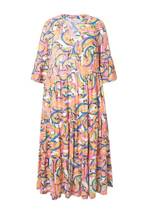 Blomster maxi kjole med et livligt bananprint i gul, pink og blå, med V-hals, korte ærmer og lagdelt nederdel.