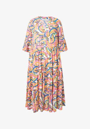 Florale maxi-jurk met een levendige bananenprint in geel, roze en blauw, met een V-hals, korte mouwen en een gelaagde rok.