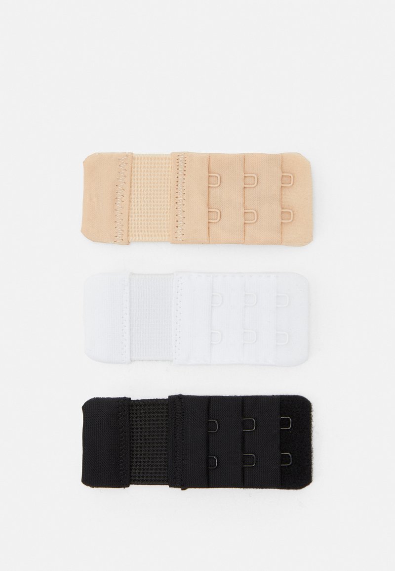 Three bra extension hooks in nude, white, and black colors, featuring elastic fabric and multiple hook options for adjustable fit.