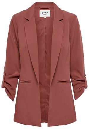 Rust-colored blazer made of smooth fabric, featuring a notched collar, two front pockets, and rolled sleeves with button detail.