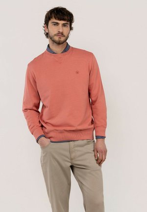 Hombre con cabello castaño que lleva una sudadera coral sobre una camisa azul y pantalones beige, de pie con una mano en el bolsillo contra un fondo liso.