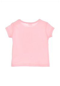 Camiseta de manga corta de color rosa claro con escote redondo, textura suave y un diseño liso en la parte posterior. Sin patrones ni acentos.