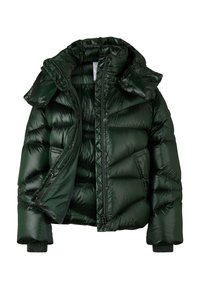 Grøn polstret jakke med en blank finish, der har hætte, lynlåslommer i siden og ribbede manchetter. Robust design, quiltet tekstur.