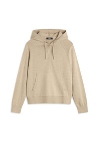 Felpa con cappuccio beige, dotata di tasca frontale, chiusura a bottoni, orlo a costine e tessuto testurizzato. Presenta maniche raglan e stringhe.