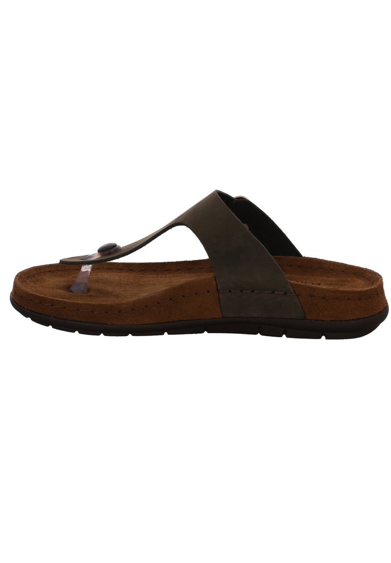 Brown suede flip-flop sandal with a dark gray strap. Features a toe post and textured footbed. Flat, flexible sole with raised edges.