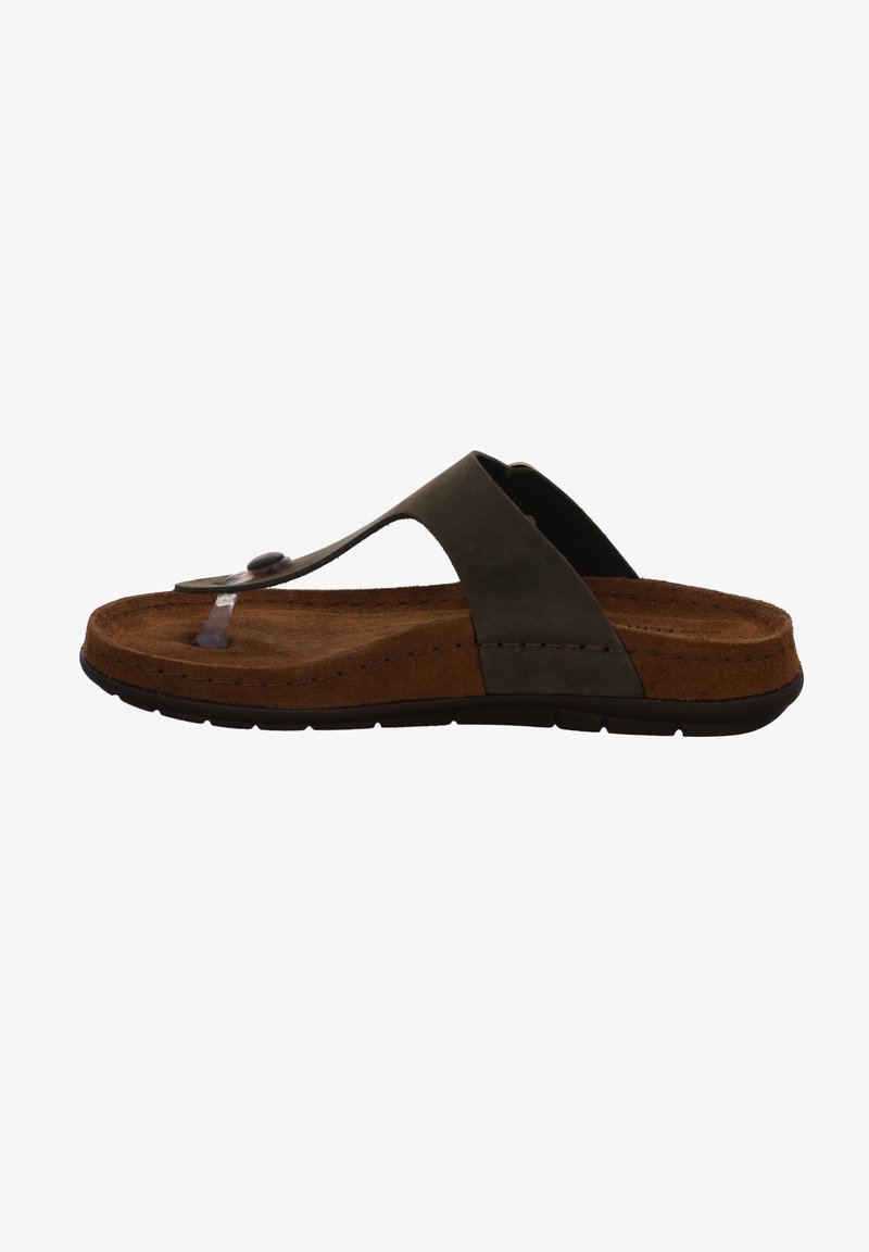 Brown suede flip-flop sandal with a dark gray strap. Features a toe post and textured footbed. Flat, flexible sole with raised edges.