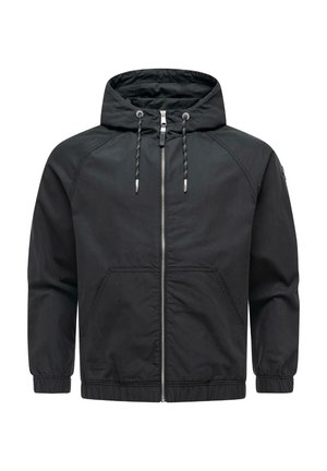 Schwarze Kapuzenjacke mit Frontreißverschluss, verstellbaren Kordeln, elastischen Bündchen und Vordertaschen, dargestellt vor weißem Hintergrund.