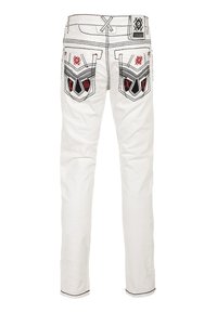 Weiße Denim-Hosen mit kontrastierenden schwarzen und roten Nähten, ausgestattet mit einzigartigen dekorativen Gesäßtaschen und einem schlanken Schnitt.