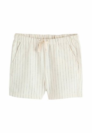 Cream-colored cotton shorts with thin vertical black stripes, elastic waistband, drawstring tie, and side pockets.