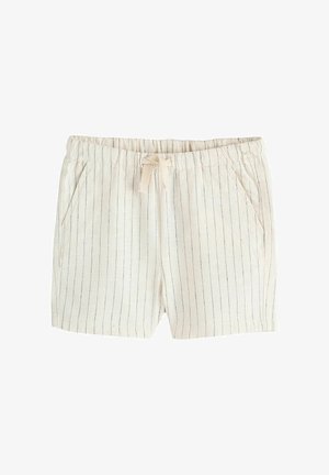 Kremowe bawełniane szorty z cienkimi pionowymi czarnymi paskami, elastycznym pasem, troczkiem do zawiązywania oraz kieszeniami po bokach.