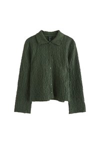 Grøn, tekstureret skjorte med lange ærmer, en krave og knaplukninger. Har et krøllet mønster over hele skjorten.