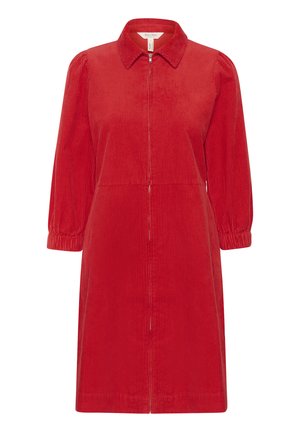 Punane korduroo kleit kraega, pikkade puhvhi varrukatega ja ees oleva lukuga. Omab siledat tekstuuri ja sirget siluetti.