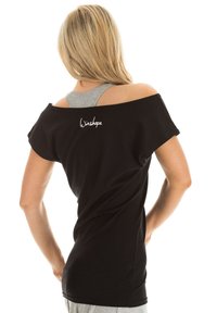 Black off-shoulder T-shirt with short sleeves, featuring a light gray neckline and a white logo on the back. Smooth fabric texture.
