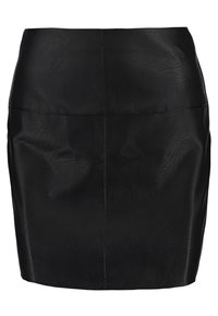 Minifalda de cuero negro con una textura suave, silueta ajustada y detalles de costura mínimos. Sin bolsillos visibles ni embellishments.