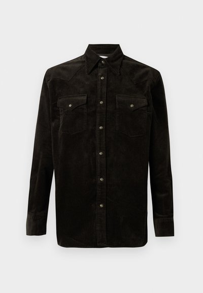 Dark brown corduroy long-sleeve button-up shirt with two flap chest pockets and silver snap buttons on a plain background.
