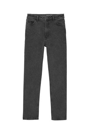 Jean en denim noir à jambes droites avec bouton frontal, fermeture éclair, et design à cinq poches, posé à plat sur fond blanc.
