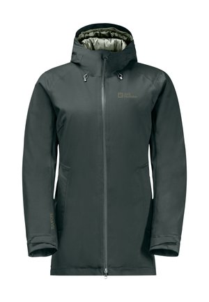 Dunkelgraue Outdoorjacke mit Reißverschluss, verstellbarem Kapuzenkragen und zwei Seitentaschen. Gefertigt aus leichtem, wasserabweisendem Material.