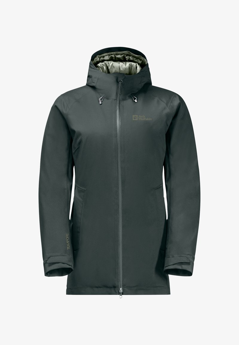 Dunkelgraue Outdoorjacke mit Reißverschluss, verstellbarem Kapuzenkragen und zwei Seitentaschen. Gefertigt aus leichtem, wasserabweisendem Material.