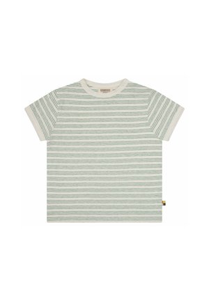 Kurzarm-T-Shirt in Weiß mit grünen horizontalen Streifen, aus Baumwollmaterial, klassischem Rundhalsausschnitt und einem kleinen, mehrfarbigen Etikett an der Seite.