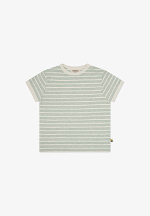 T-shirt a maniche corte di colore bianco con righe orizzontali verdi, in cotone, con scollatura classica a girocollo e un piccolo etichetta multicolore sul lato.