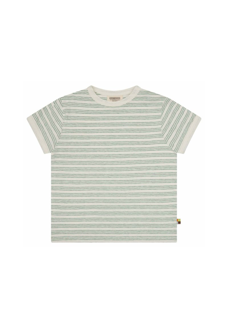 Kurzarm-T-Shirt in Weiß mit grünen horizontalen Streifen, aus Baumwollmaterial, klassischem Rundhalsausschnitt und einem kleinen, mehrfarbigen Etikett an der Seite.