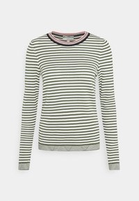 Pasiasty sweter z długim rękawem w kolorze zielonym i białym, z ribbowanym dekoltem wykończonym różowymi i granatowymi akcentami oraz fakturowanym dolnym brzegiem.