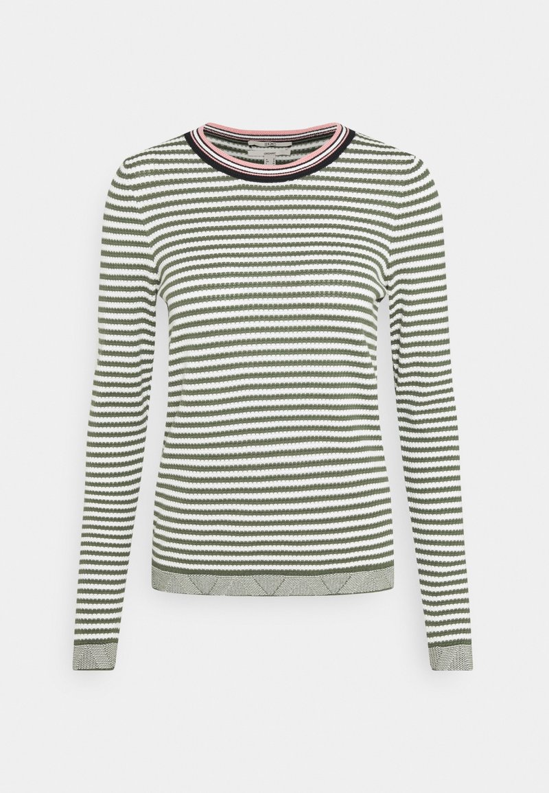 Pasiasty sweter z długim rękawem w kolorze zielonym i białym, z ribbowanym dekoltem wykończonym różowymi i granatowymi akcentami oraz fakturowanym dolnym brzegiem.