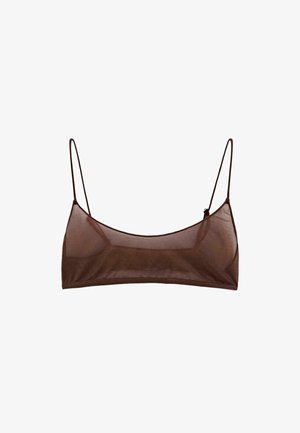 Bruine mesh bralette met dunne verstelbare bandjes, een naadloos ontwerp en een zachte, lichtgewicht textuur voor comfort.