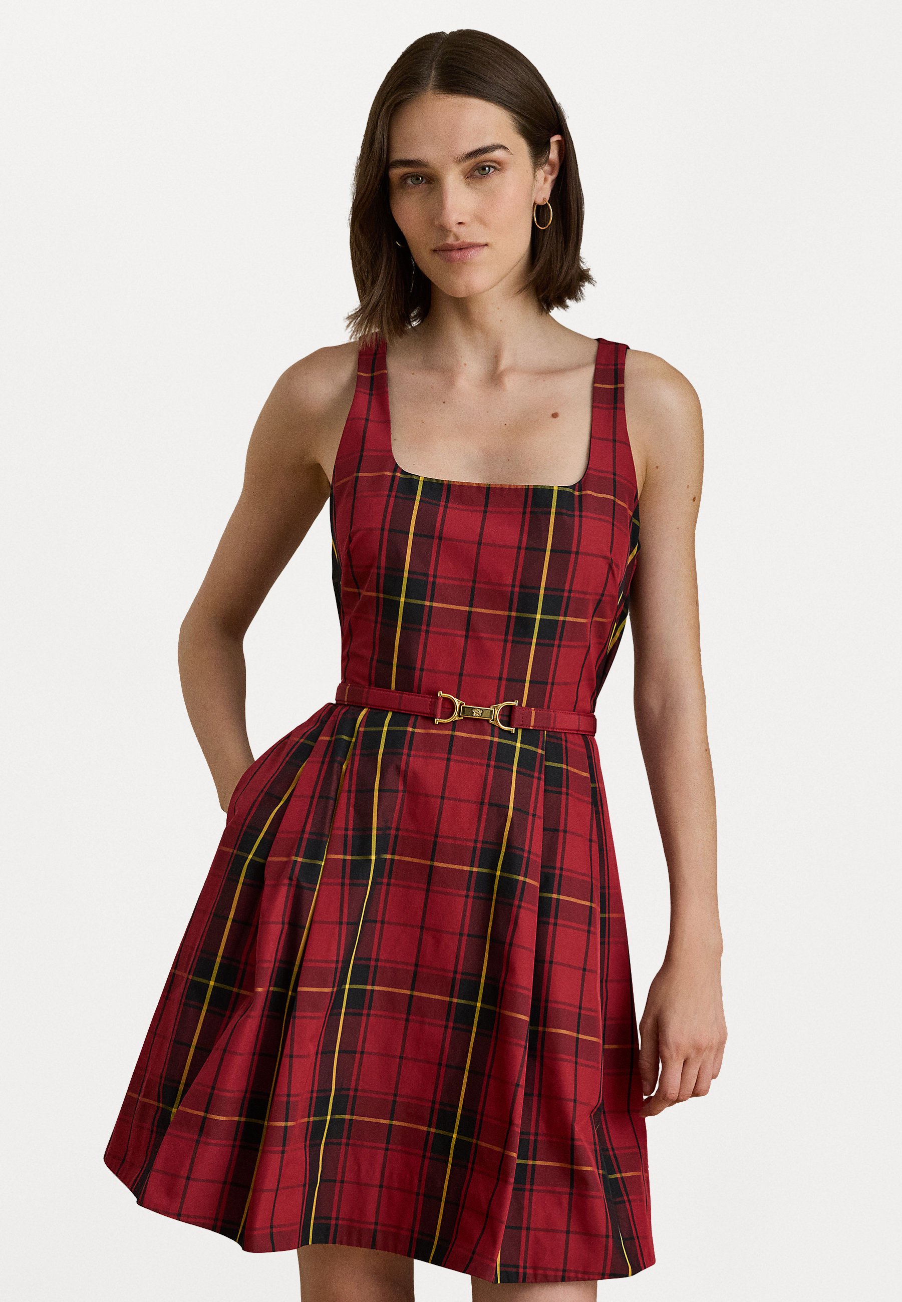 slim fit dress slacks Double Belt Plaid Flare Dress Black/Multi / Large main image 0