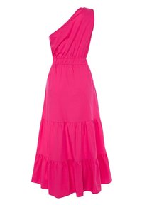 Růžové jednoramenné šaty vyrobené z bavlněného směsového materiálu, s elastickým pasem, vrstvenou sukní a hladkou texturou.