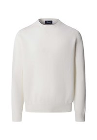 Witte gebreide trui met een ronde hals, voorzien van lange mouwen en geribbelde boorden en zoom. Zachte textuur, eenvoudig ontwerp, geen patronen of accenten.