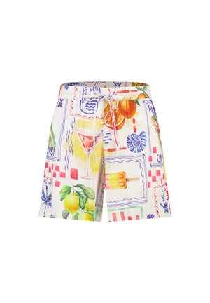 Witte shorts met kleurrijke prints van citroenen, sinaasappels, een cocktail en een ijsje, met een trekkoord in de taille en een casual stijl.