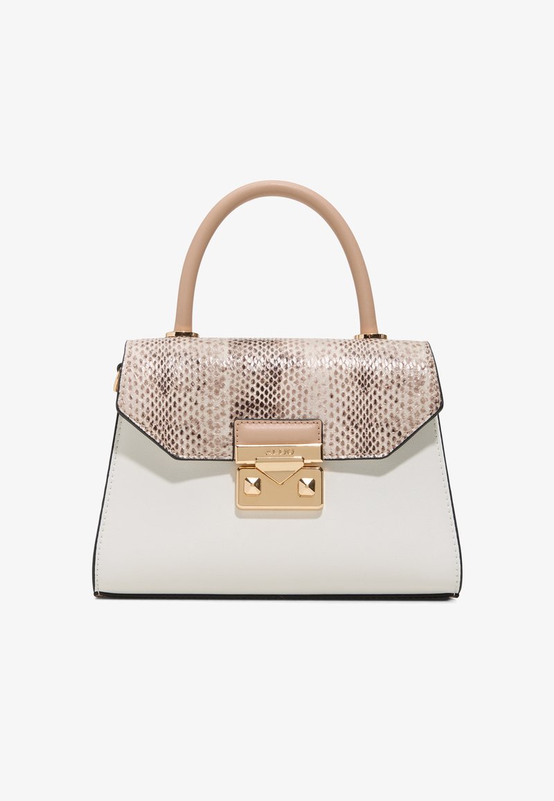 Sac structuré avec rabat beige à imprimé serpent, fermoir doré et corps blanc lisse, doté d'une poignée supérieure beige arrondie.