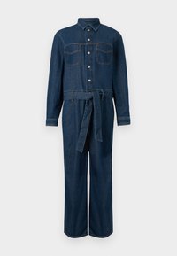 Donkerblauwe denim jumpsuit met lange mouwen, sluiting aan de voorkant met knopen, twee borstzakken en een tailleceintuur.