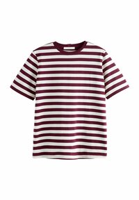 Bordeaux-rote und weiße, gestreifte kurzärmlige T-Shirt mit Rundhalsausschnitt, das gleichmäßige horizontale Streifen und eine weiche Baumwollstruktur aufweist.
